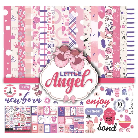 Inkdotpot Pink Baby Girl Theme Collection Double,Sided Scrapbook Paper Kit Cardstock 12"x12" Card Making Paper Pack Of With Sticker Sheet - 16 Pages - Baby Pink