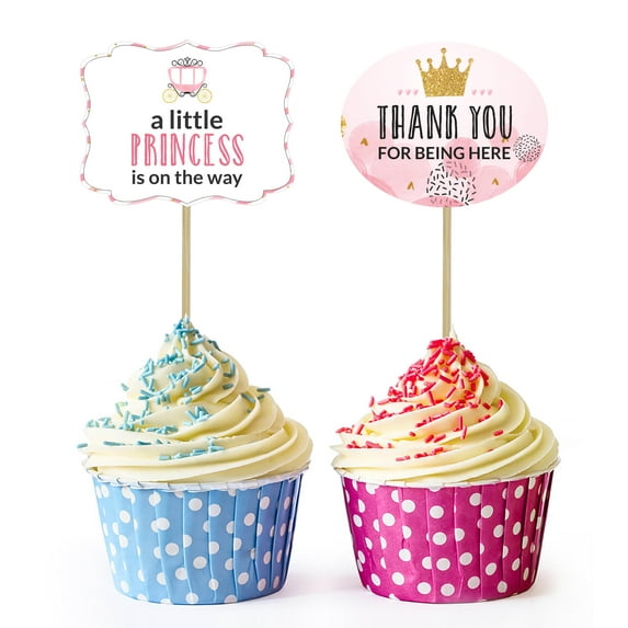 Inkdotpot Pink Gender Reveal Baby Shower Party Collection, Pre-Assembled Double Sided Cupcake Topper Food Picks DIY Party Favors Kit, Pack of 30
