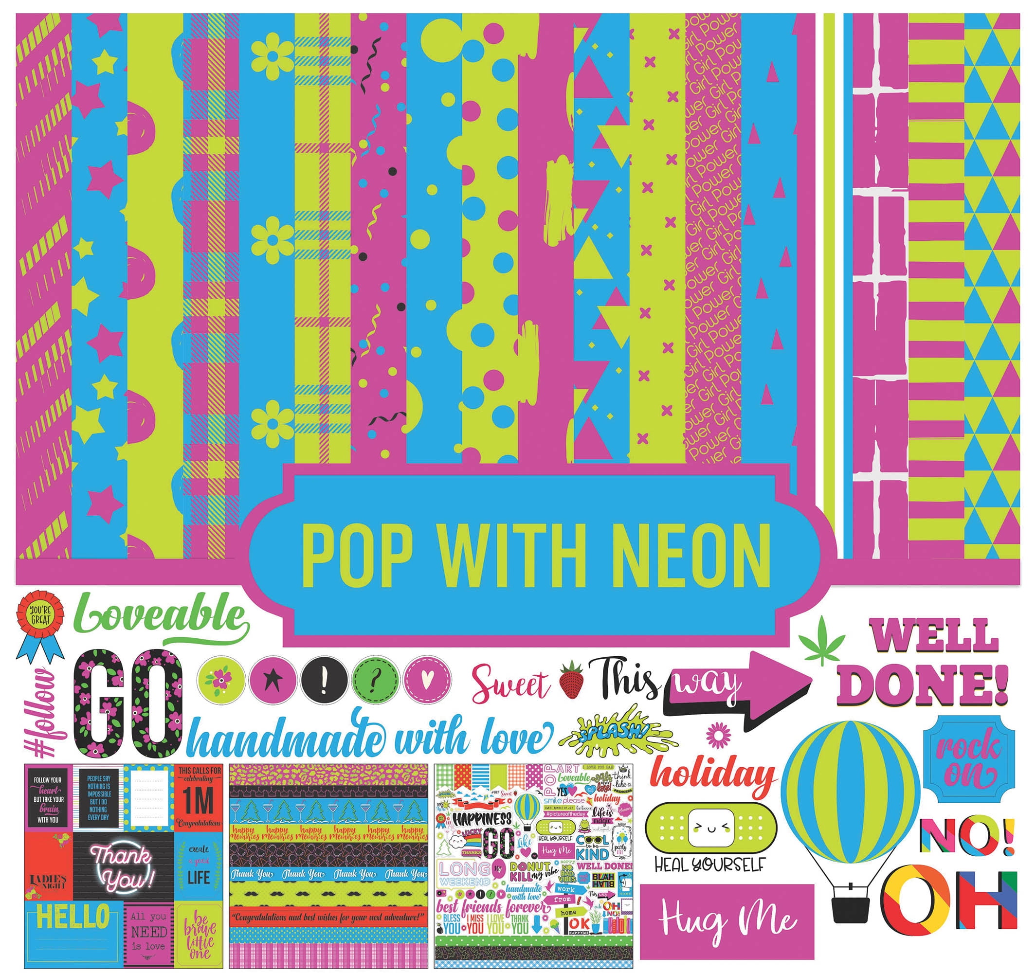 Inkdotpot Pop With Neon Collection Double,Sided Scrapbook Paper Kit Cardstock 12"x12" Card Making Paper Pack Of With Sticker Sheet - 16 Pages - Pink, Blue & Green