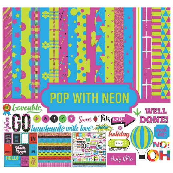 Inkdotpot Pop With Neon Collection Double,Sided Scrapbook Paper Kit Cardstock 12"x12" Card Making Paper Pack Of With Sticker Sheet - 16 Pages - Pink, Blue & Green
