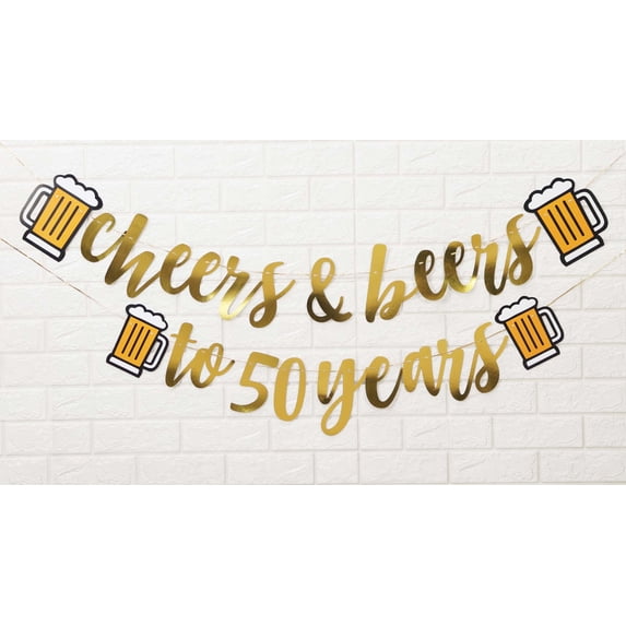Inkdotpot Pre Strung Cursive Bunting Flags Cheers & Beers to 50 Years Metallic Gold Party Wall Decor Birthday Banner Sign Photo Prop