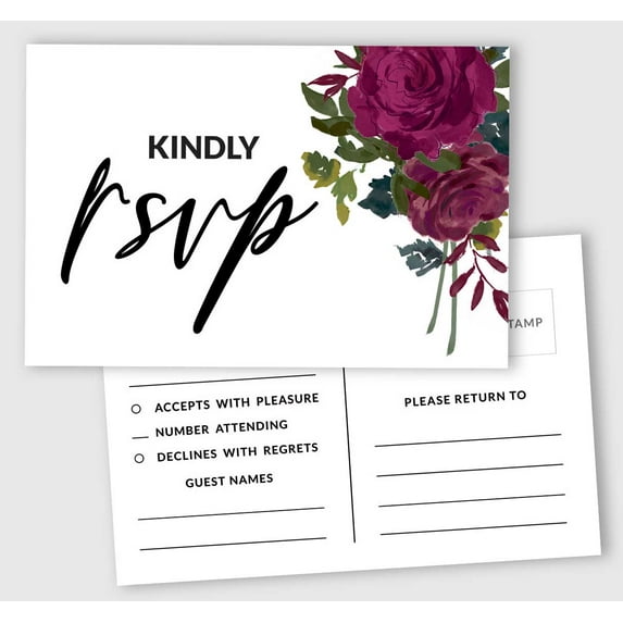 Inkdotpot RSVP Postcards (Set Of 50) 4"X6" Blank With Mailing Side,RSVP Reply Response Cards For Wedding Burgundy Floral Print Return Cards