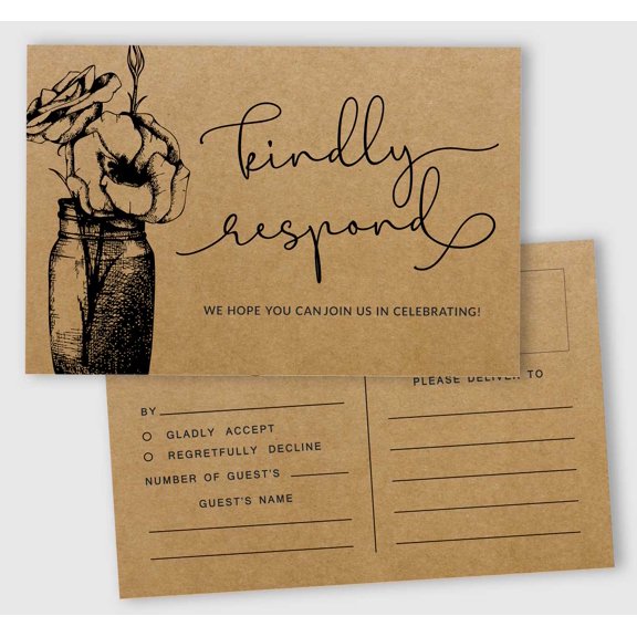 Inkdotpot RSVP Postcards (Set Of 50) 4"X6" Blank With Mailing Side,RSVP Reply Response Cards For Wedding Floral Kraft Script Style Print Return Cards