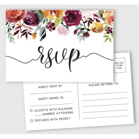 Inkdotpot RSVP Postcards (Set Of 50) 4"X6" Blank With Mailing Side,RSVP Reply Response Cards For Wedding Floral Script Style Print Return Cards
