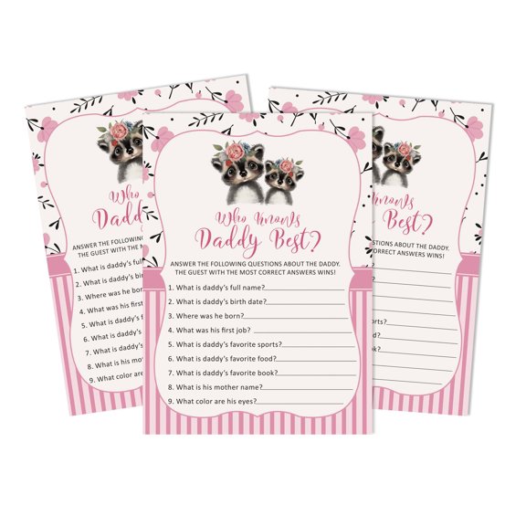 Inkdotpot Raccoon Jungle Animals Who Knows Daddy BestBaby Shower GameCards FunActivity Cards Set Of 50Party Theme