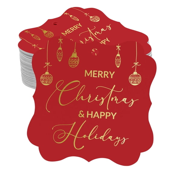 Inkdotpot Real Gold Foil Merry Christmas & Happy Text Tags Favor Bracket Shape Hang Pack Of 100 Paper Tags