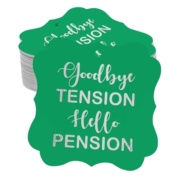 Inkdotpot Real Silver Foil Bracket Shape Paper Hang Tags Good Bye Tension Hello Pension Retirement Favor Tags Pack Of 100