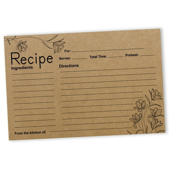 Inkdotpot Recipe Card 6x4 inch Single-Sided Recipe Design Cards Kraft Floral Recipe Cards Wedding-Bridal Shower-Baby Shower- Pack of 50