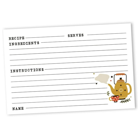 Inkdotpot Recipe Card 6x4 inch Single-Sided Recipe Design Cards Tea Cup Kettle Recipe Cards Wedding-Bridal Shower-Baby Shower- Pack of 50