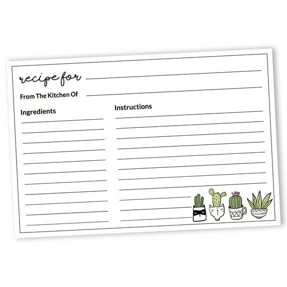 Inkdotpot Recipe Card 6x4 inch Single-Sided Recipe Design Cards White Cactus Recipe Cards Wedding-Bridal Shower-Baby Shower- Pack of 50