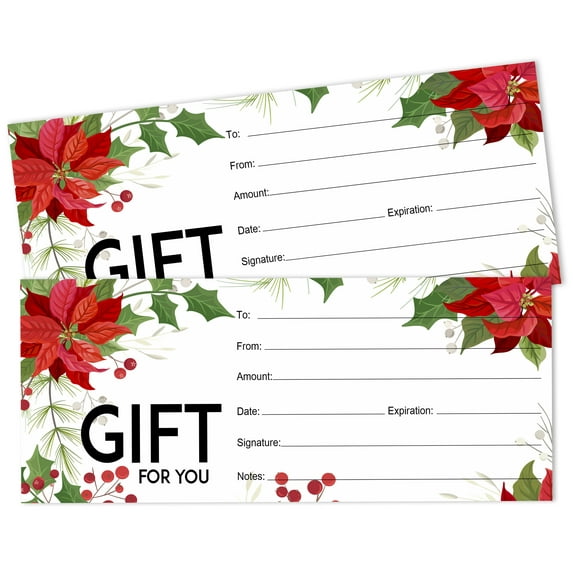 Inkdotpot Red Christmas Flower ThemeBlankGiftCertificates for Small Business, Holiday, Christmas Birthday, Restaurant, Spa Beauty Hair Salon, Wedding Bridal 45GiftDIY Coupons - 9 x 3.8 Inches