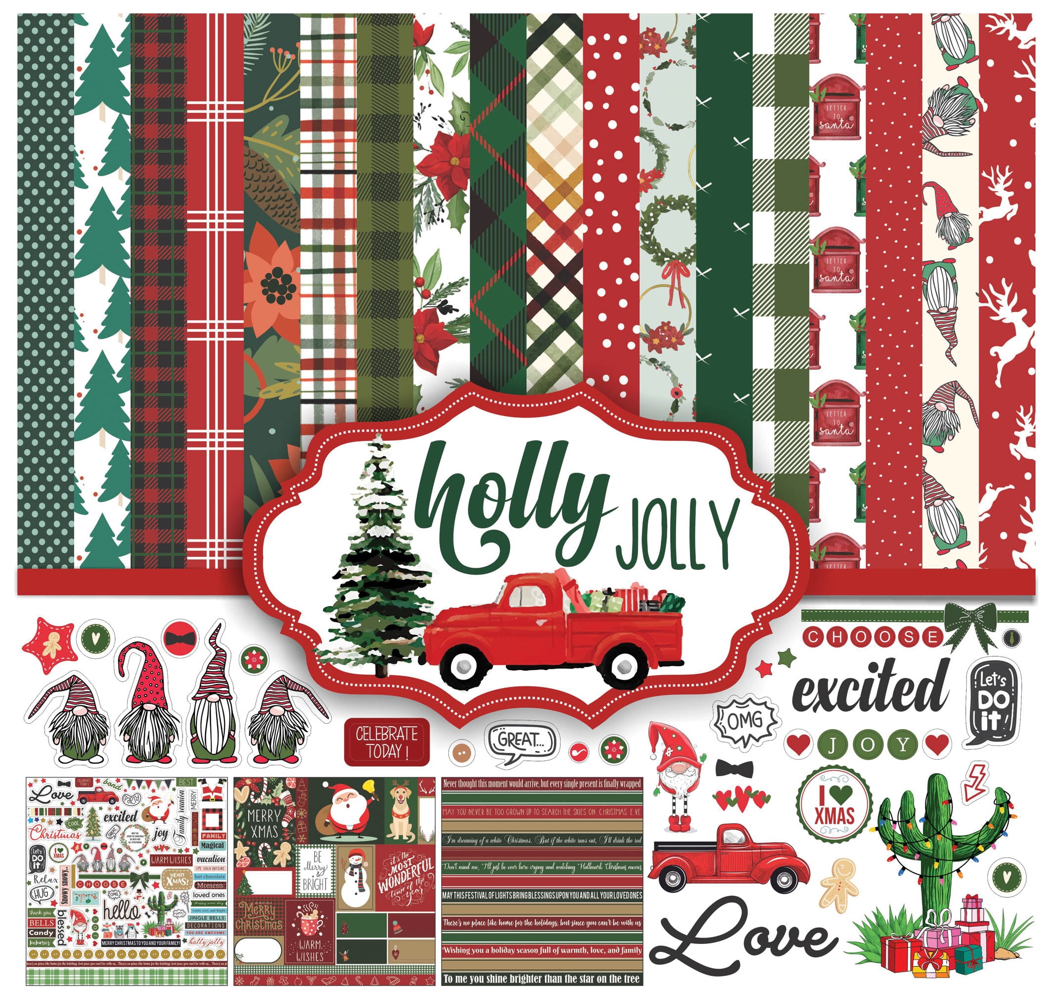 Inkdotpot Red Green Christmas Theme Collection Double,Sided Scrapbook Paper Kit Cardstock 12"x12" Card Making Paper Pack Of With Sticker Sheet - 16 Pages - Red & Green
