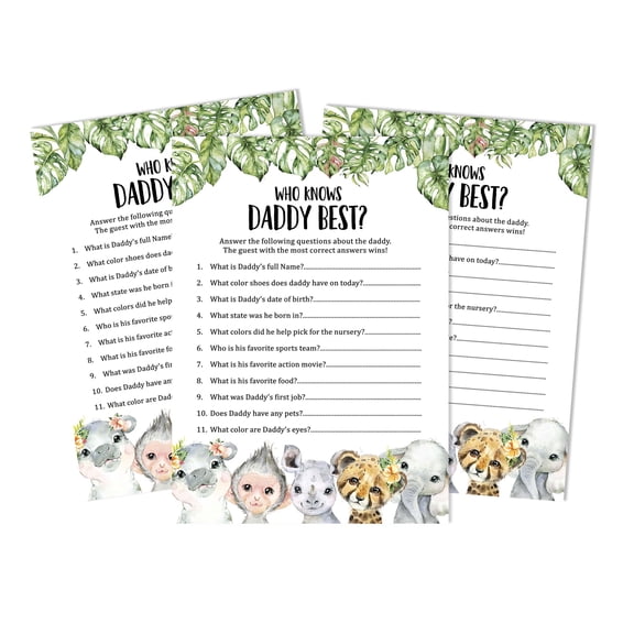 Inkdotpot Safari Jungle Animals 50 PackWho Knows Daddy BestBaby Shower GameCards FunActivity Cards