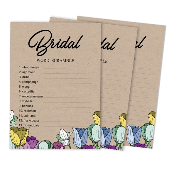 Inkdotpot Scramble Bridal ShowerGameCards Rustic Kraft FloralParty Wedding Supplies 50-Pack Wedding Word