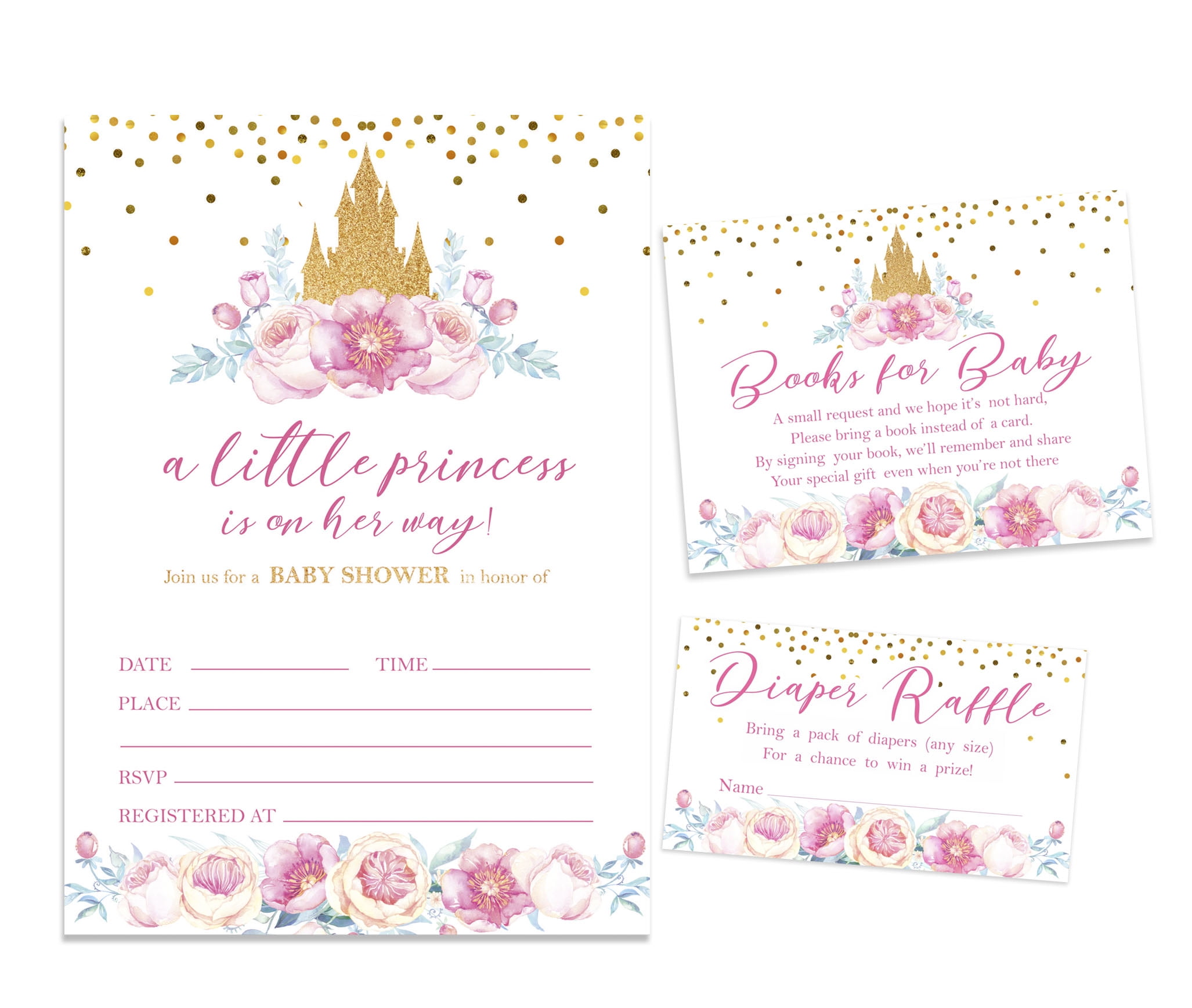 Inkdotpot Set Of 30Gender Reveal Baby Shower Invitations-Diaper Raffle Tickets And Baby Shower Book Request Cards Princess Invites