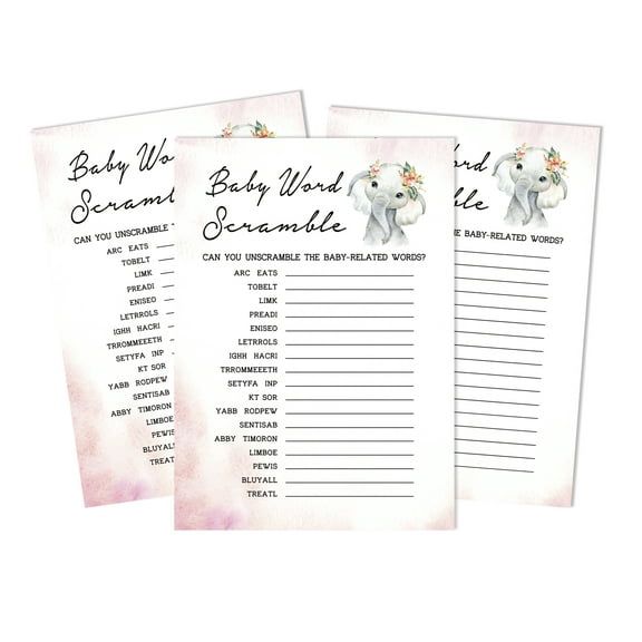 Inkdotpot Set Of 50 Baby ShowerWord ScrambleGame Cards Baby Elephant Girl Jungle Animals Party Supplies Fun Baby Shower Game Favors