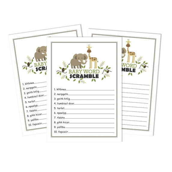 Inkdotpot Set Of 50 Baby ShowerWord ScrambleGame Cards Gender Neutral Giraffe & Elephant Party Supplies-Fun Baby Shower Game Favors