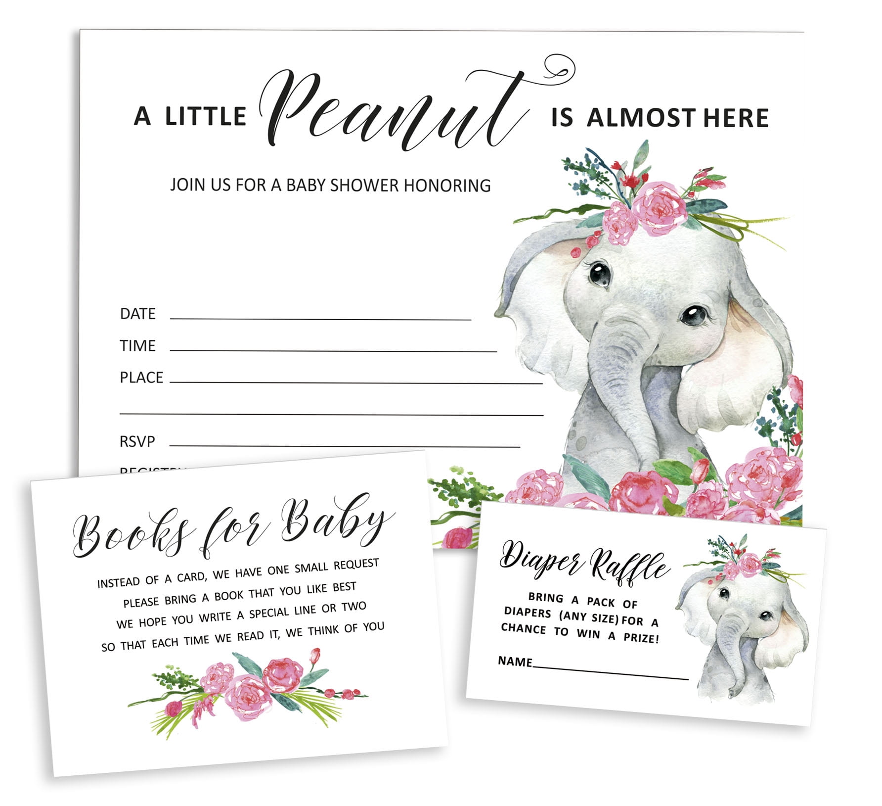 Inkdotpot Set of 30 Floral Baby Elephant Baby Shower Invitations-Diaper Raffle Tickets and Baby Shower Book Request Cards Gender Neutral Invites