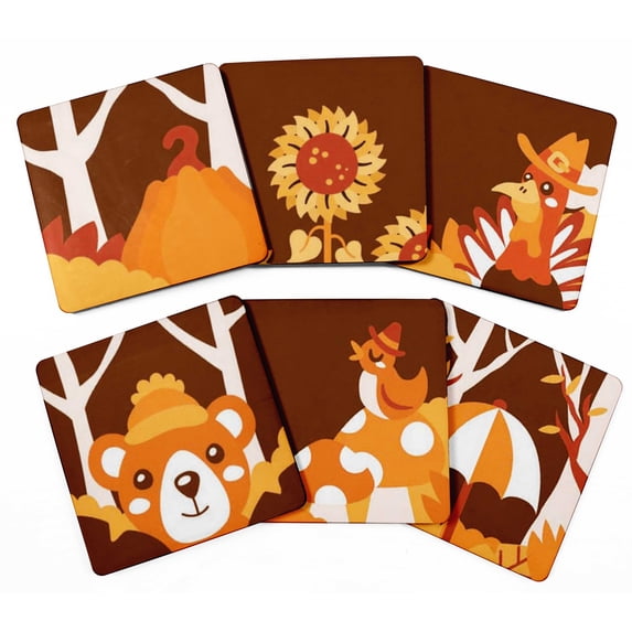 Inkdotpot Set of 6 Drink Coasters DecorativeNon-SlipCork Base4-inch Square PrintedCoastersEasy Clean, Autumn