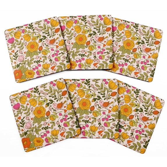 Inkdotpot Set of 6 Drink Coasters DecorativeNon,SlipCork Base4-inch Square PrintedCoastersEasy Clean- Floral