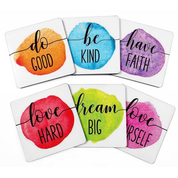 Inkdotpot Set of 6 Drink Coasters DecorativeNon,SlipCork Base4-inch Square PrintedCoastersEasy Clean- Quotes