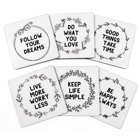 Inkdotpot Set of 6 Drink Coasters Easy Clean 4-inch SquareCoastersCork Base-Reusable- Quotes