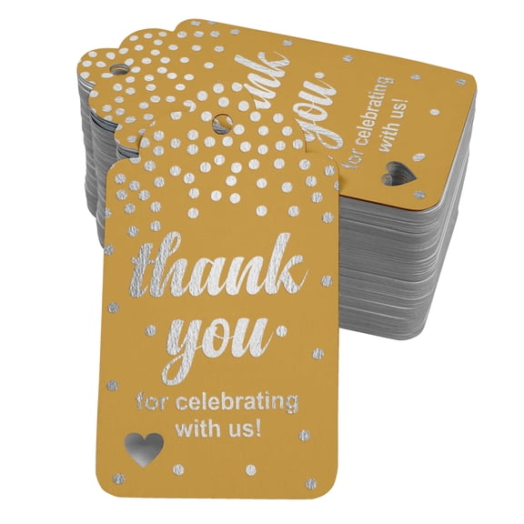 Inkdotpot Silver Foil Paper Hang Tags ThankYou For Celebrating With Us Bridal Shower-Baby Shower-Retirement-Wedding-Birthday Favor Tags 100 Pack