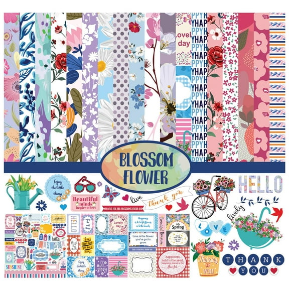 Inkdotpot Spring Blossom Flower Theme Collection Double-Sided Scrapbook Paper Kit Cardstock 12"x12" Card Making Paper Pack With Sticker Sheet - 16 Pages - Multicolor
