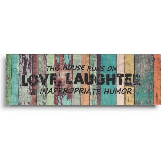 Inkdotpot Stretched Canvas Quotes Wall Art Decor, This House Runs On Love, Laughter & Inappropriate Humor Wall Decor- 8 x 24 Rustic Wall Art Sign- Farmhouse Decor Faux Plaque Sign