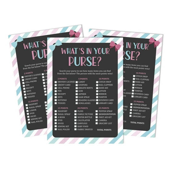 Inkdotpot Stripe Gender Reveal 50 Sheets What'sIn Your PurseBaby Shower GameCards Its A Boy Its A Girl Activity CardsPartyIdea Baby Shower Party Supply