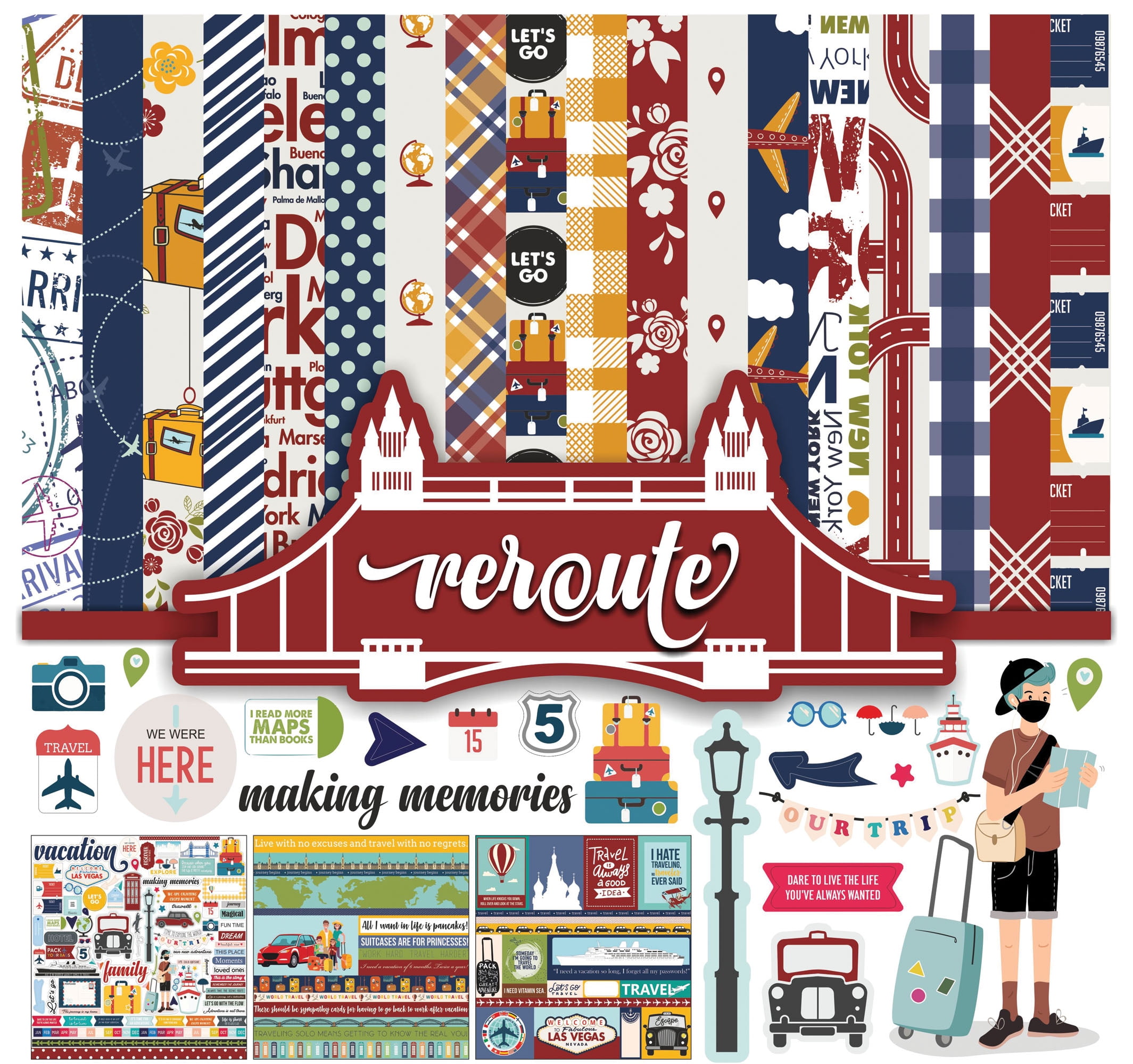 Inkdotpot Travel Collection Double,Sided Scrapbook Paper Kit Cardstock 12"x12" Card Making Paper Pack Of With Sticker Sheet - 16 Pages - Multicolor