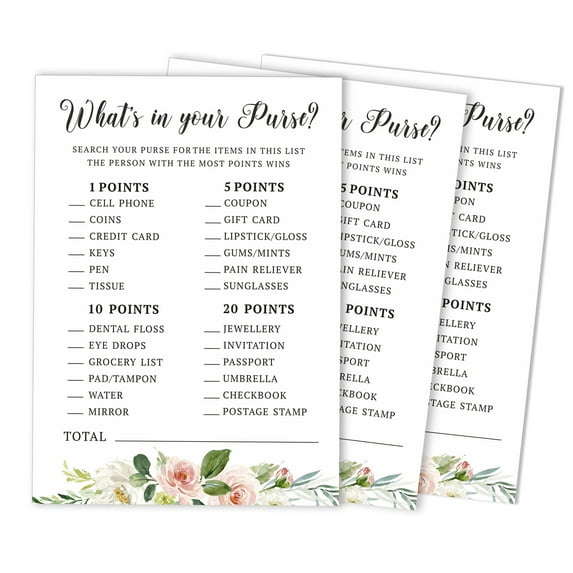 Inkdotpot Wedding Shower Bachelorette Party Bulk ActivityGameCardsWhats In Your Purse Bridal ShowerGame 50-Pack Floral Brunch & Bubbly