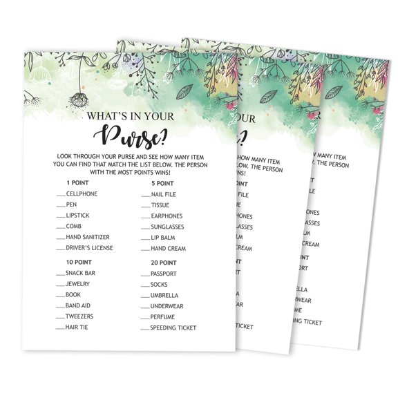 Inkdotpot Wedding Shower Bachelorette Party Bulk ActivityGameCardsWhats In Your Purse Bridal ShowerGame 50-Pack Greenery Floral