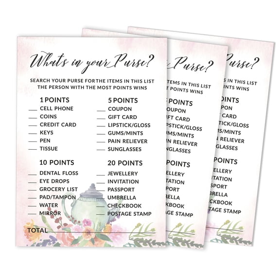 Inkdotpot Wedding Shower Bachelorette Party Bulk ActivityGameCardsWhats In Your Purse Bridal ShowerGame 50-Pack Tea Party