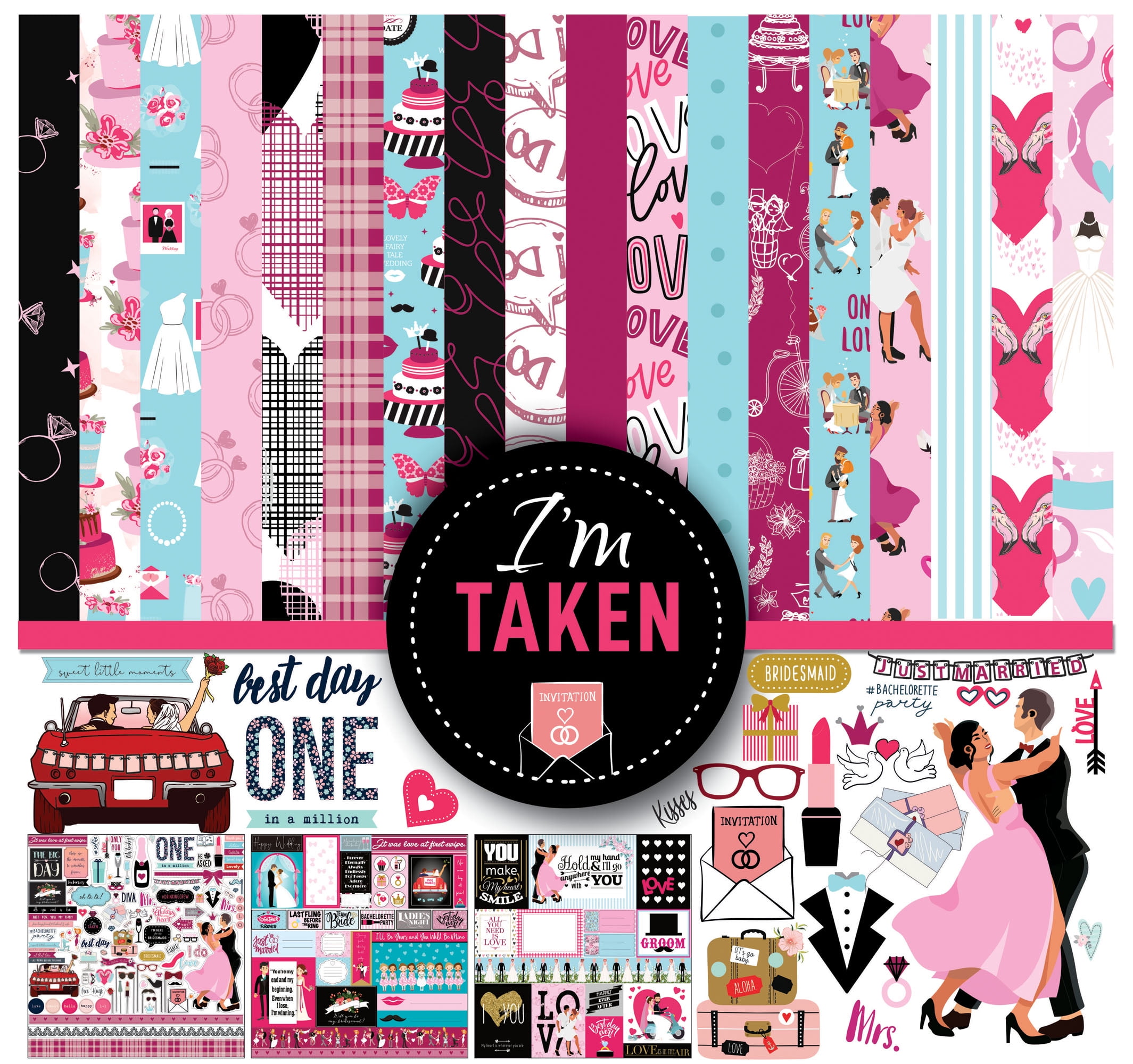 Inkdotpot Wedding Theme Collection Double-Sided Scrapbook Paper Kit Cardstock 12"x12" Card Making Paper Pack With Sticker Sheet - 16 Pages - Pink & Blue