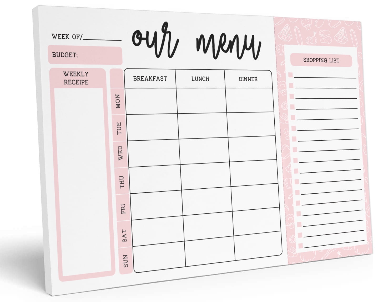 Inkdotpot Weekly Meal Planner Notepad 7"x10 , "Our Menu" Magnetic Meal Planning Pad with Tear Off Grocery Shopping List for Fridge- Kitchen & Home - 54 Sheets -2F