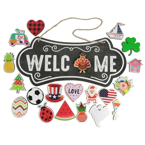 Inkdotpot Welcome Sign Front Door Decorations Hanging 20 Interchangeable Rustic Wood Seasonal Holiday Ornaments Housewarming Gift, Farmhouse Porch Decor- Wall Hanging 18" Inches