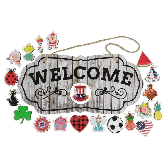 Inkdotpot Welcome Sign Front Door Decorations Hanging 20 Interchangeable Rustic Wood Seasonal Holiday Ornaments Housewarming Gift, Farmhouse Porch Decor- Wall Hanging 17.5" Inches