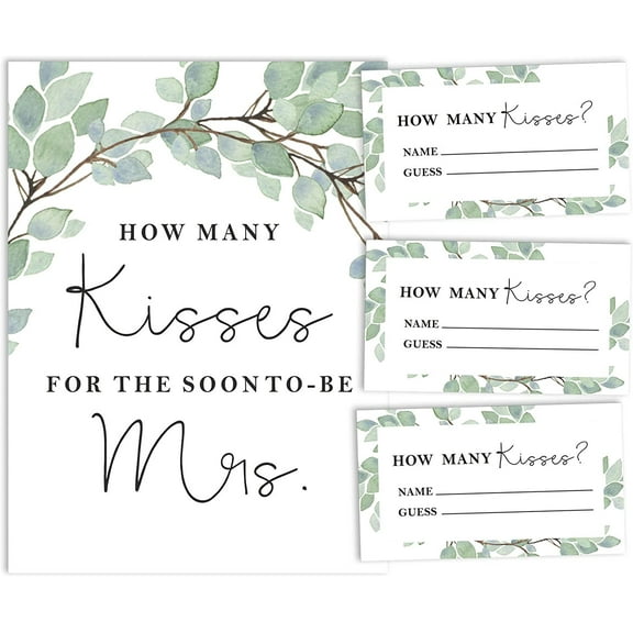 Inkdotpot White Greenery How Many Kisses For The Soon To Be Mrs Bridal Shower Game 1 Sign + 30 Cards