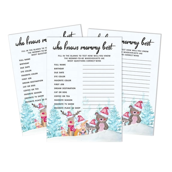 Inkdotpot Winter Jungle Theme 50-PackWho Knows Mommy BestBaby Shower GameCards Gender Neutral FunActivity Cards