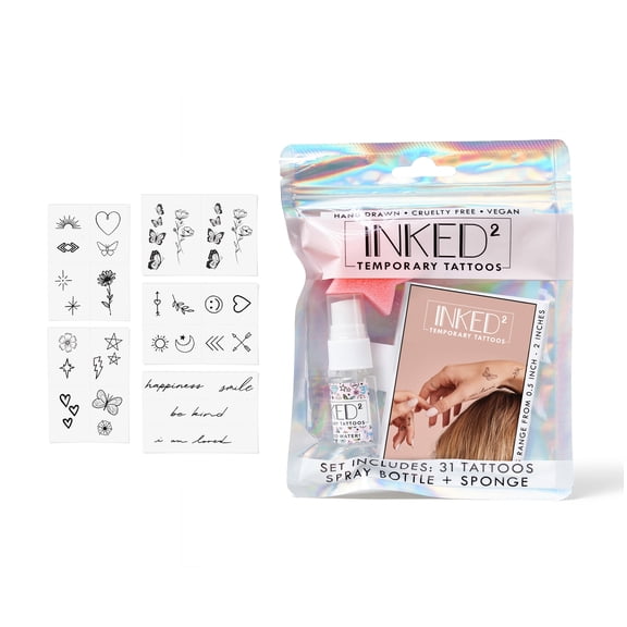 Inked2 Temporary Tattoo Kit, over 30 Tattoos, Spray Bottle and Sponge, Child - Adult, All Occasions