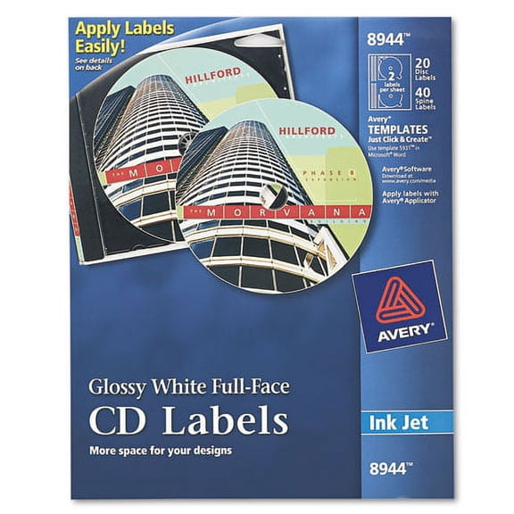 Inkjet Full-Face Cd Labels, Glossy White, 20/pack | Bundle of 2 Packs