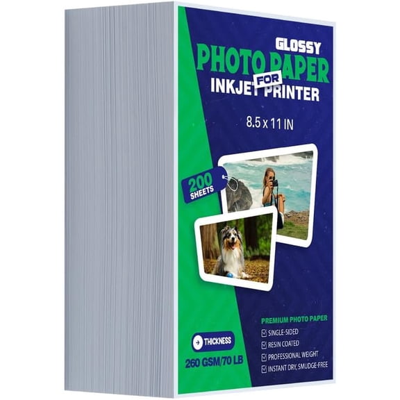 Inkjet Photo Paper 8.5x11 Inches,Glossy 200 Sheets 70 lb/260 gsm Premium Thick Single Sided Heavyweight Photographic Paper for Inkjet Printer Instant Dry Professional Postcard Picture Use Dye Ink