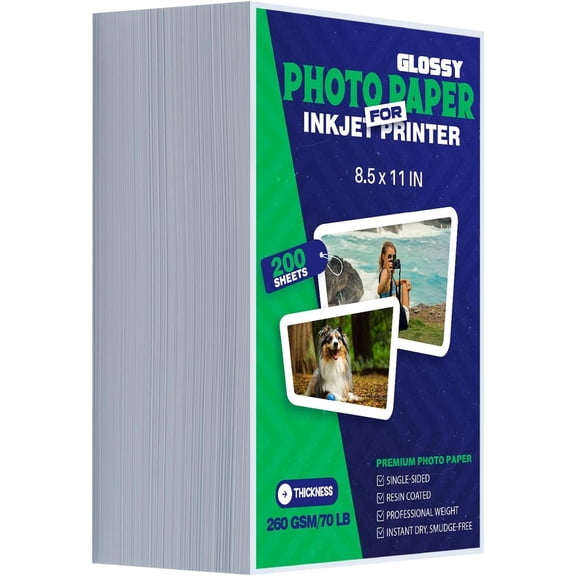 Inkjet Photo Paper 8.5x11 Inches,Glossy 200 Sheets 70 lb/260 gsm Thick Single Sided Heavyweight Photographic Paper for Inkjet Printer Dry Professional Postcard Picture Use Dye Ink