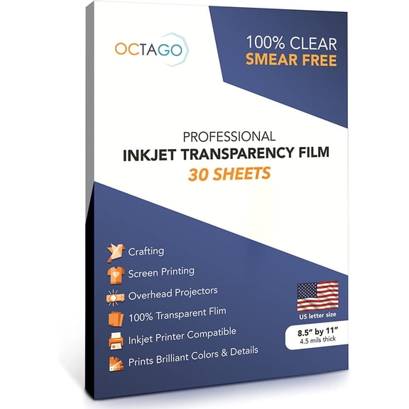 Inkjet Transparency Film - Inkjet Transparent Paper for Overhead & Screen Printing - Thick Transparency Sheets & Printable Plastic Sheets for Crafts - 8.5 x 11 Inches, Pack of 30