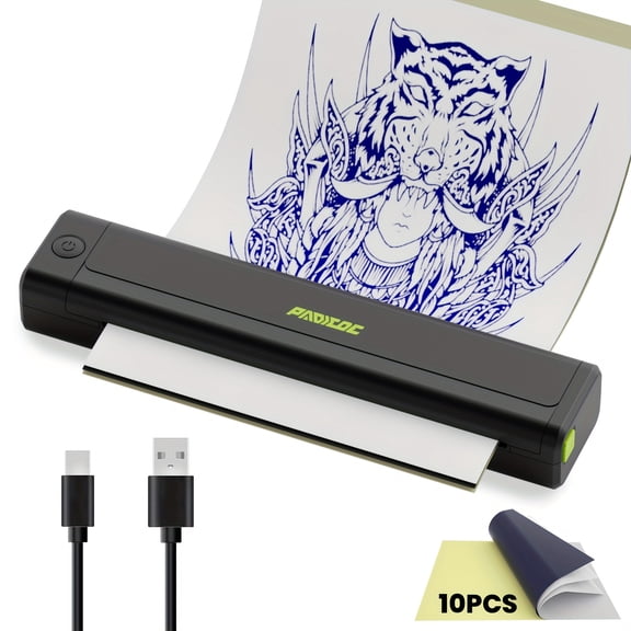Inkless A4 Bluetooth Thermal Tattoo Printer - 10 Transfer Sheets, Smartphone/Tablet Compatible for Tattoo Templates & Thermal Paper, Portable Wireless Printer