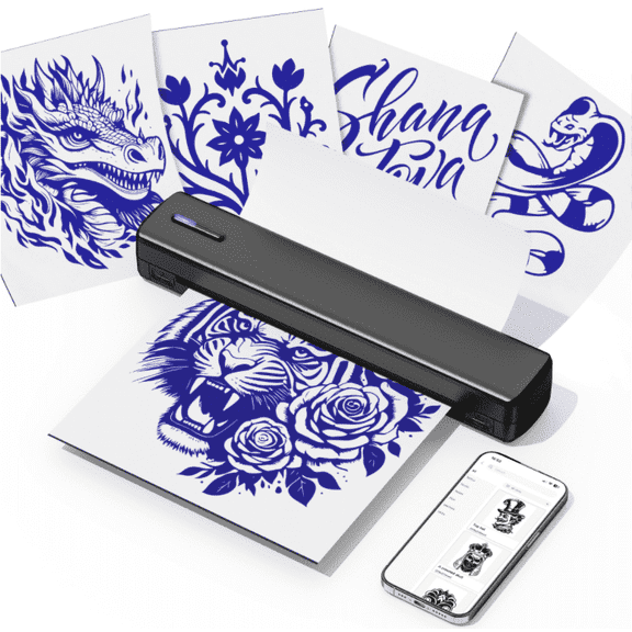 Inkless A4 Thermal Printer, Tattoo Transfer Printer with 10 Sheets of Transfer Paper, Portable Wireless Tattoo Printing Machine Compatible with Smartphones and Tablets