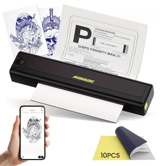 Inkless A4 Thermal Tattoo Transfer Printer - Portable Bluetooth Machine with 10 Transfer Sheets, Compatible with Smartphones/Tablets for Heat & Tattoo Transfer
