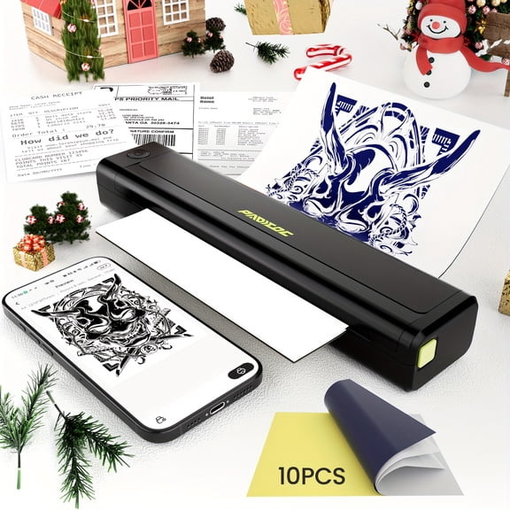 Inkless A4 Thermal Tattoo Transfer Printer - Portable Bluetooth Machine with 10 Transfer Sheets, Compatible with Smartphones/Tablets for Heat & Tattoo Transfer