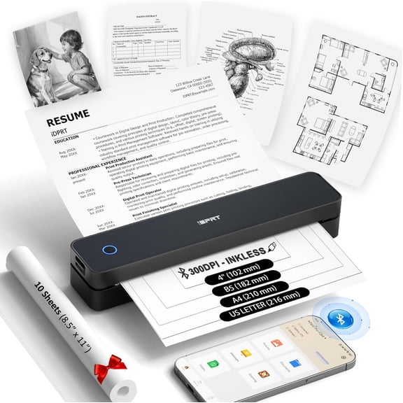 Inkless Portable Printer, MT610Pro rmal Printer Wireless for Travel Support 8.5" x 11" US Letter, A4, 300DPI Small Bluetooth Printers Compatible with iOS, Android Laptop Home Office Car, Black